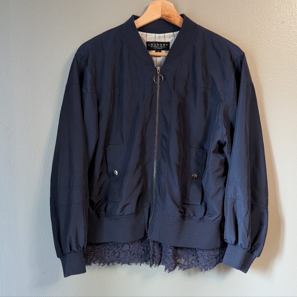 Laundry by Shelli Segal Midnight Blue w/Blue lace‎ hem Bomber Jacket Size 8